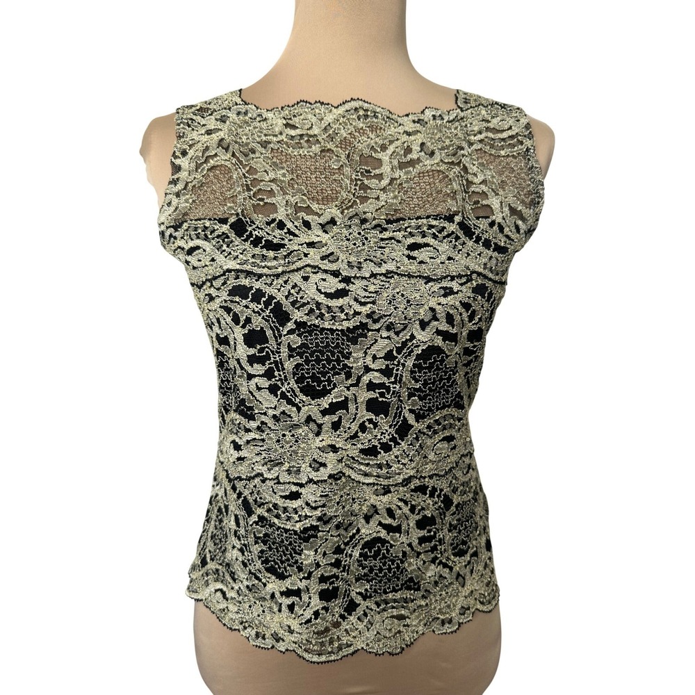 Vintage Kay Celine Lace Tank Top Size M Gold Black Metallic Floral Y2K Sheer